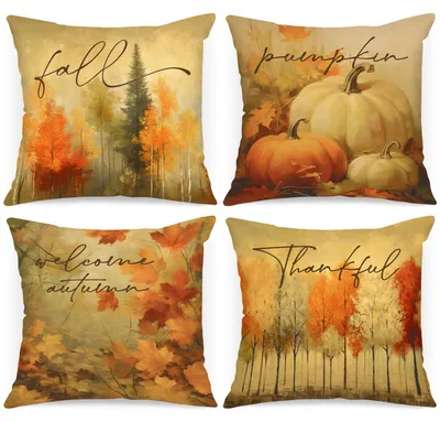 Kissenbezüge 40x40 cm, 4er-Set, Herbstmotiv Ahornblatt & Kürbis