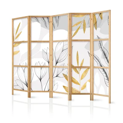 Produktbild von Paravent Blätter XXL 225x171 cm 5-teilig einseitig eleganter Sichtschutz Raumteiler Trennwand Raumtrenner Holz Design Motiv Deko Home Office Botanik Natur b-A-10071-bh-b