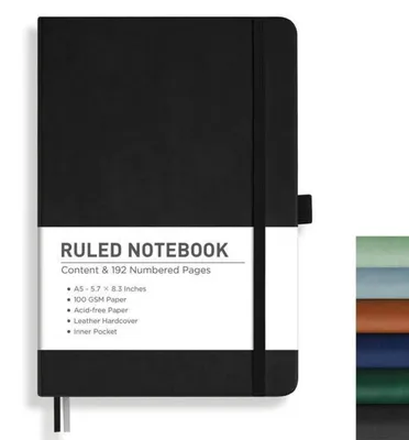 Produktbild von Notizbuch A5 Liniert – 192 nummerierte Seiten, 100 g/m² Papier, Softcover, Innentasche, Schwarz