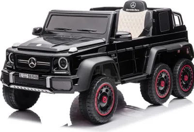 A black Mercedes G63 6x6 AMG ride-on toy car for children, shown from a three-quarter front angle on a white background.