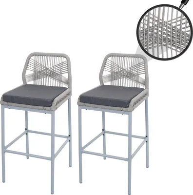 Produktbild von 2er-Set Rope-Barhocker HWC-O21, Outdoor Sitzpolster Seilgeflecht Metall  hellgrau, Kissen dunkelgrau