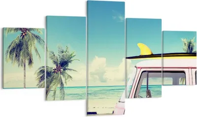 Produktbild von Bild auf Leinwand - Leinwandbild - Auto Surfbrett Strand Ozean - 125x70cm - Wand Bild - Wanddeko - Leinwanddruck - Bilder - Kunstdruck - Wanddekoration - Leinwand bilder - Wandkunst - EA125x70-2835