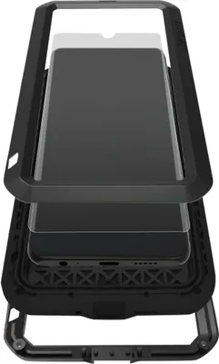 An exploded view of a phone case and screen protector.