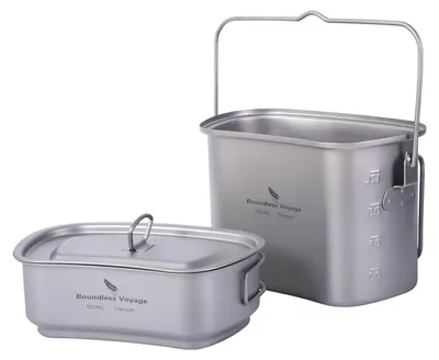 Produktbild von Camping-Kochgeschirr-Set – Topf und Tasse aus Titan – 1500 ml Topf und 600 ml Tasse – Mit Deckel – Faltbare Griffe – Für den Outdoor-Bereich