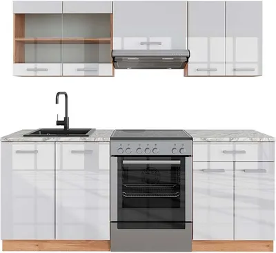 Produktbild von Küchenzeile Vicco R-Line Weiß Hochglanz/Goldkraft Eiche 200 cm , AP Marmor, Model 43309