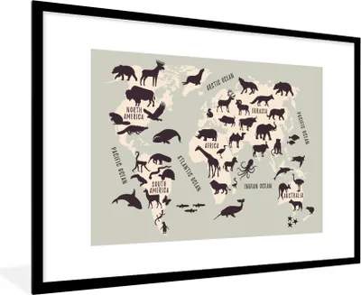 Produktbild von MuchoWow® MuchoWow® Gerahmtes Poster Weltkarte - Kinder - Grau 90x60 cm - Poster mit zchwarzem Bilderrahmen - Wanddekoration - Fotos