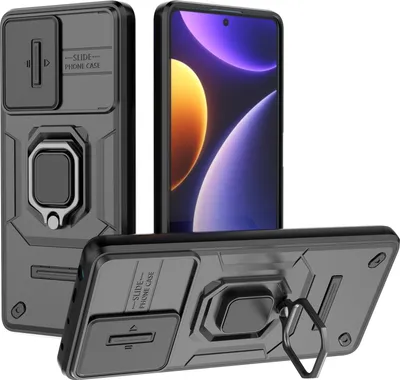 Image de Etui pour Xiaomi Poco F5 /Redmi Note 12 Turbo étui double couche avec protection coulissante de l'appareil photo et support d'anneau, stand noir
