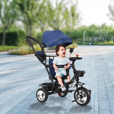 Image de tricycle 4 en 1 pour bébé Tricycle enfant guidon vélo bébé poussette bleu foncé