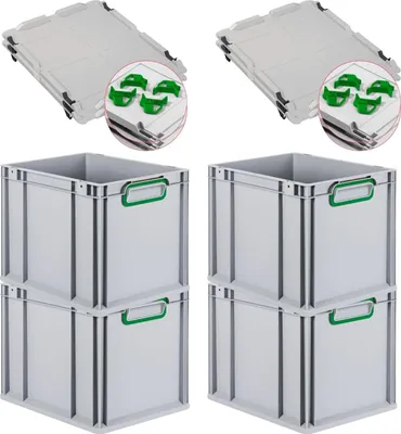 Produktbild von SuperSparSet 4x Eurobox NextGen Color mit Auflagedeckel und Schiebeschnappverschlüsse | HxBxT 32x30x40cm | 30 Liter | Grau | Griffe grün geschlossen | Glatter Boden | Eurobehälter, Transportbox, Transportbehälter, Stapelbehälter