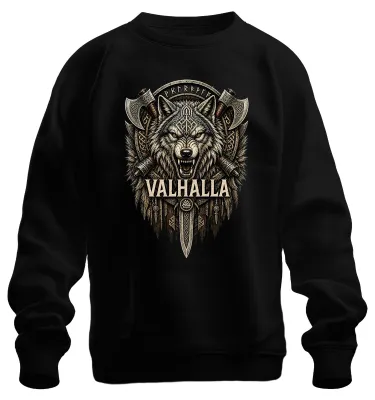 Produktbild von Valhalla Wolf Wikinger Krieger Nordisch Runen Äxte Odin Thor Sweatshirt Pullover, Schwarz, XXL