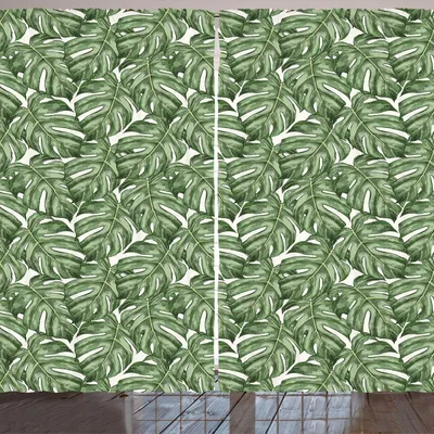 Produktbild von ARANDE Pflanze Aquarell Gardine, Close up-Szene von Graphic Monstera Leaves, 280 x 225 cm, Resedagrün Mehrfarbig