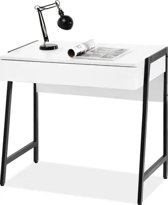 A white desk with black metal legs, a black desk lamp, and a rolled-up newspaper on top.