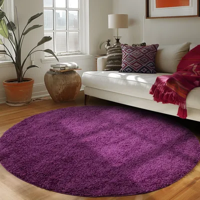 Produktbild von Hochflor Shaggy Langflor-Teppich Wohnzimmerteppich Soft Einfarbig in 14 Farben, Farbe:Lila, Grösse: Ø 120 cm Rund