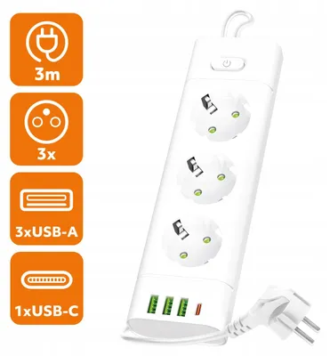 Obrázek produktu pro Prodlužovací lišta 3 zásuvky 3xUSB 1xUSB-C 3m s vypínačem bílá