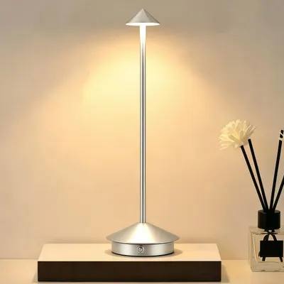 Produktbild von Kabellose Dimmbare LED Tischleuchte, Wiederaufladbar Schreibtischlampe für Restaurants Bars Schlafzimmer 3 Farbanpassung Nachtlicht, Silber