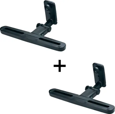 Two black monitor mounts are shown on a white background, separated by a plus sign.