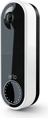 A product shot of a white and black Arlo video doorbell against a white background.