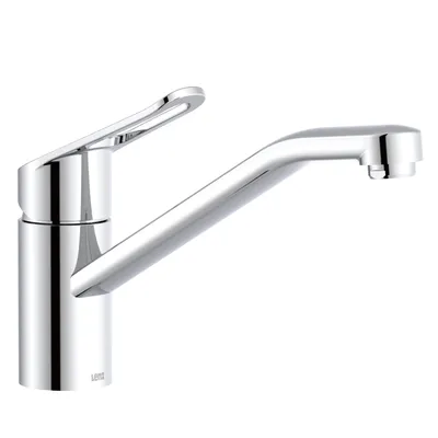 A studio shot of a chrome kitchen faucet against a white background.