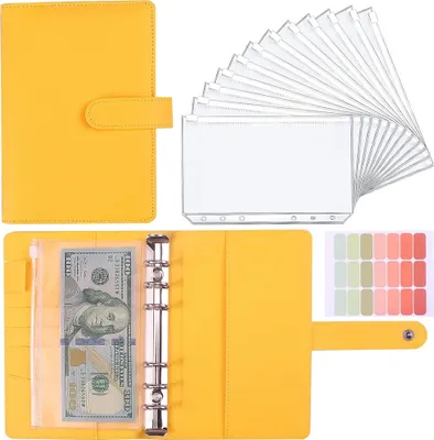 Produktbild von Binder Notizbuch, Reißverschlusstasche Binder Notizbuch, A6 Budget Binder mit 12 Stück Binder Pocket und 21Etikettenaufklebern, gelb