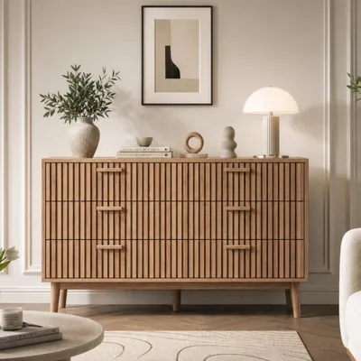 Produktbild von INONEFT Kommode mit 6 Schubladen, Aufbewahrungsmöbel aus Holz, Schubladenschrank mit Kippschutz, Kommoden für Wohnzimmer, Flur, 100x34x73cm, Holzfarbe