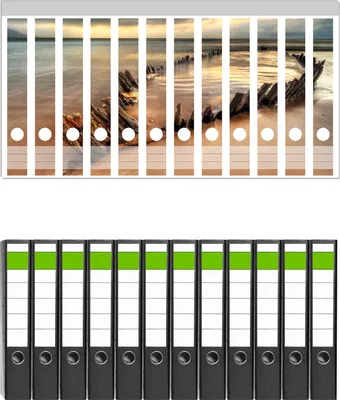 Produktbild von Wallario 12 Stück schmale Ordner inkl. Klebeetiketten mit Motive Bootswrack in Irland am Strand -  Set mit Rückenschildern / Ordnerrücken Stickern
