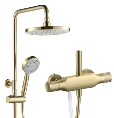 Duschsystem gebürstet Gold, 3 Funktionen, 23 cm Kopf, Wandmontage