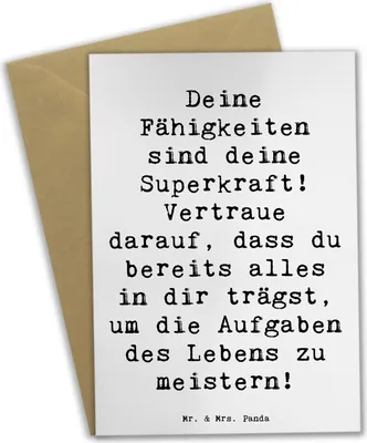 Produktbild von Mr. & Mrs. Panda Grußkarte Spruch Vertrauen in Fähigkeiten - Weiß - Geschenk, Herausforderungen meistern, weihnachtskarten, Zuversicht, an sich glauben, Trost, Superkraft