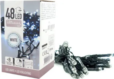 A product box for LED lights and a bundle of LED lights next to it.