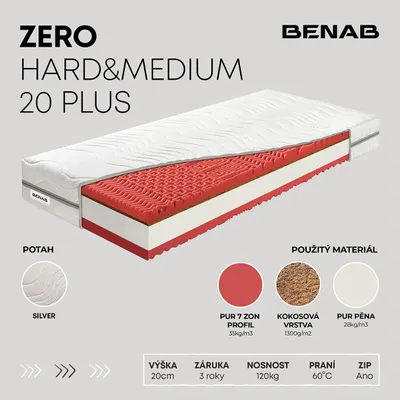 Obrázek produktu pro Pěnová matrace Benab Zero Hard&Medium 20 Plus Matrace 90 x 195 cm H3 / H5 tvrdost 20 cm výška Pěnové matrace, Silver, Kokos, PUR, 7 zón, Partnerský matrac