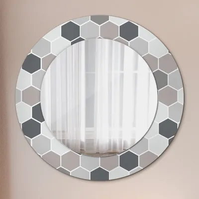 Produktbild von Ø50cm Spiegel - Glasrahmen mit Aufdruck - Wandspiegel Schlafzimmer - Sechseck Muster