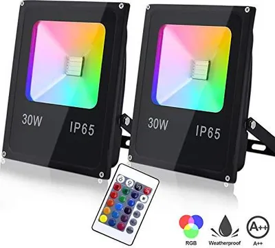 Immagine prodotto di Clanmacy 2pcs 30W RGB LED floodlight con telecomando, 16 colori e 4 modalità, IP65 impermeabile, proiettore LED cambia colore per l'illuminazione esterna e del giardino [classe energetica A++]