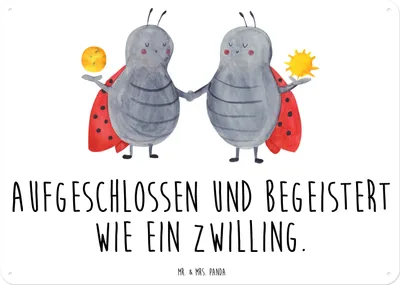 Produktbild von Mr. & Mrs. Panda tafel Sternzeichen Zwilling DIN A3 - Weiß - Geschenk, Glückskäfer, Geburtstag Mai, Marienkäfer, Schild, Wandbild, Zwillinge, wandtafel, Türschild
