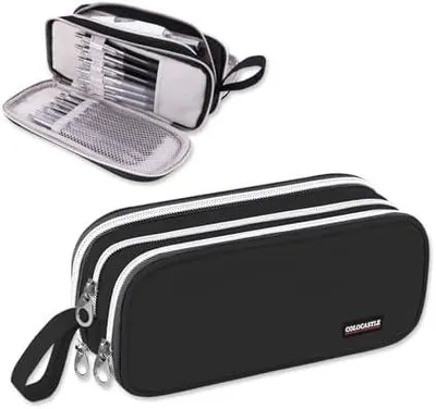 Produktbild von Federmäppchen Mäppchen Federmappe groß mit 3 Fächern Federtasche Mädchen Jungen Teenager Pencil Case Schlamppermäppchen für Schule Büro (Schwarz)