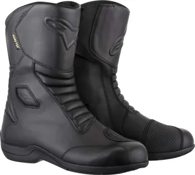 A pair of black Alpinestars motorcycle boots.