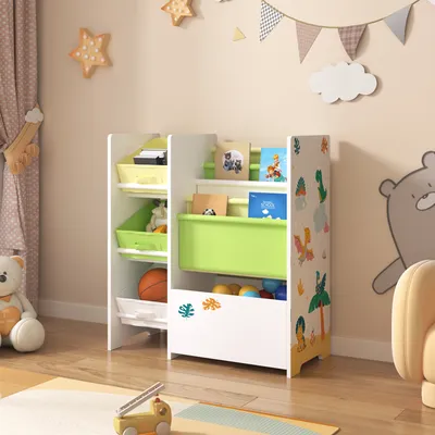 Produktbild von Kinderregal ‘Vimianzo’ mit 5 Fächern und 3 Faltboxen Dinosaurier-Motiv 60 x 65 x 30 cm