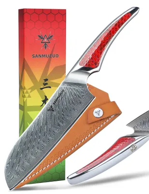 Santokumesser 18 cm, Damaststahl VG-10, rotes Harz