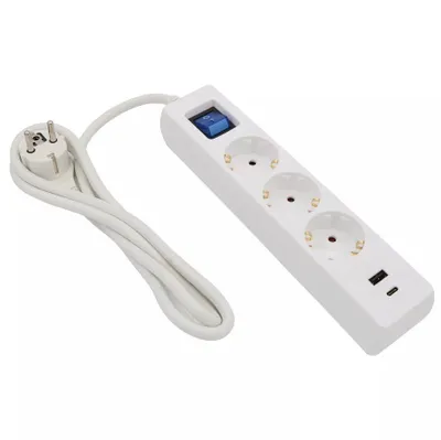 A white power strip with three outlets and USB ports, connected to a white power cord and plug.
