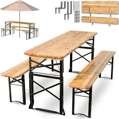 Produktbild von Bierzeltgarnitur 3-teilig aus Holz Klappbar I Höhenverstellbare Biergarnitur Tisch und 2 Bänke I Festzeltgarnitur mit Wandhalterung inkl. Flaschenöffner & Bodenanker