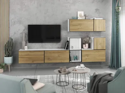 Produktbild von Wohnwand VARIANTO 1 Schrank Set 7 tlg., 266 cm, weiß matt / Evoke Eiche, grifflos, stehend und hängend