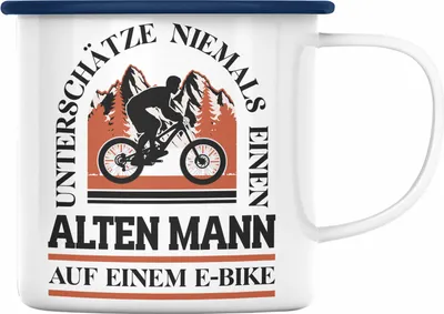 Produktbild von Trendation - Elektrofahrrad E-Bike Emaille Tasse mit Spruch Geschenk Ebike Lustige Geschenke Emaille Emaille Tasse Rentner (Blau)