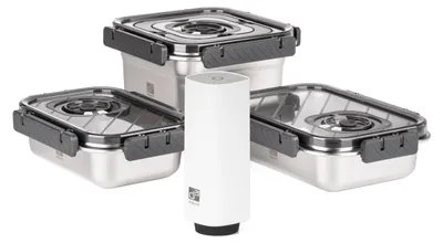 Produktbild von Set bestehend aus 4 Edelstahl-Vakuumbehältern mit Pumpe
