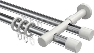 Produktbild von Interdeco Rundrohr-Innenlaufstange / Gardinenstange (Kombination) Chrom / Weiß, Typ Prestige Santo (Kappe), 20 mm Ø 2-läufig, 280 cm