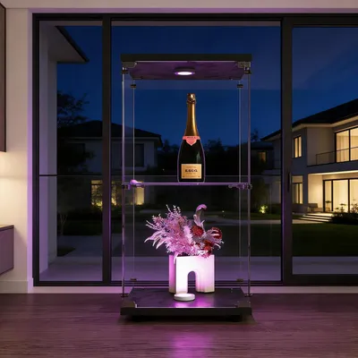 Immagine prodotto di Vetrina espositiva con ante e serratura, 2 ripiani, colore nero, con illuminazione a LED