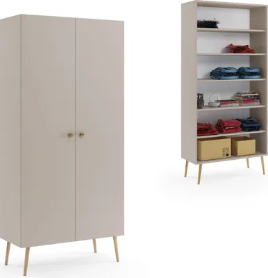 Obrázek produktu pro BETTSO Šatní skříň IKON dvoudveřová - kašmír - 87x212 cm - skandinávský styl - jutové úchytky - 5 polic do obývacího pokoje a ložnice