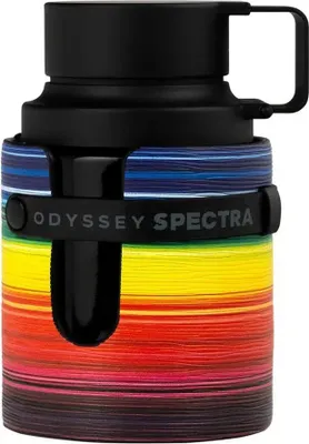 A product shot of a bottle with a rainbow-colored design.