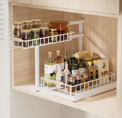 Image de Étagère métallique à placer sous le lavabo, 2 niveaux, rangement de cuisine, organiseur d'armoire pour cuisine et salle de bains (blanc)