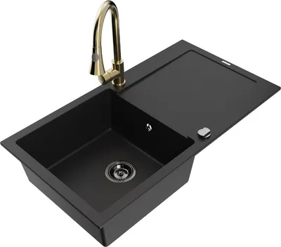 Produktbild von Mexen Leo 1 Becken-Granitspüle mit Abtropffläche und Mischbatterie Elia, Schwarz - 6501-77-670101-50-B