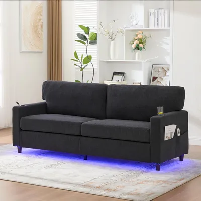 Image de Canapé chenille moderne 2 places avec USB-C, ambiance LED, porte-gobelets et poches latérales,Idéal pour le salon,la chambre ou le bureau - gris foncé