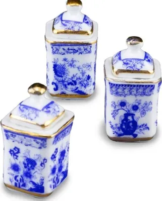Zdjęcie produktu dla 3 miniaturowe słoiki kuchenne „Zwiebel Gold” z porcelany
