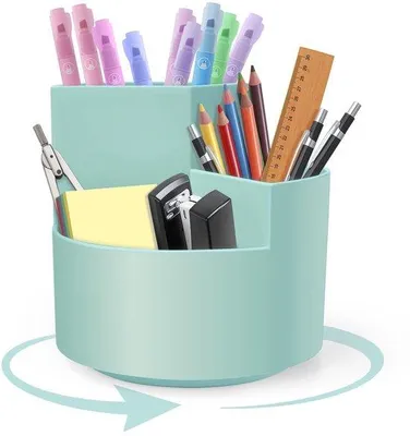 Produktbild von Unyqoos® Schreibtisch-Organizer mit 360° drehbarem Stiftehalter, 3 Fächer für Stifte, Büroklammern & Scheren, platzsparend, blau